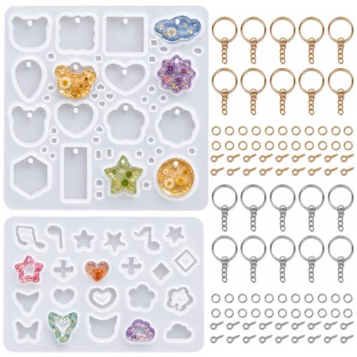 Silicone Resin Molds for Keychain and Pendant Making, 2 Mold Starter Kit with 220PCS Accessories, DIY Casting Set for Jewelry, Charms and Handmade Gift Crafts