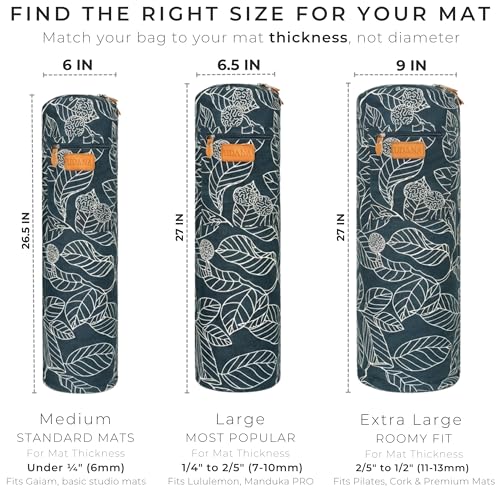 UDANA Canvas Yoga Mat Bag for Women & Men, Full-Zip Carrier with 3 Pockets & Adjustable Strap, Stylish Gym & Pilates Bag – Available in Multiple Sizes - color: Navy Blue Leaf, size: Large: 1/4" to 2/5" (7-10mm) Thick Mats