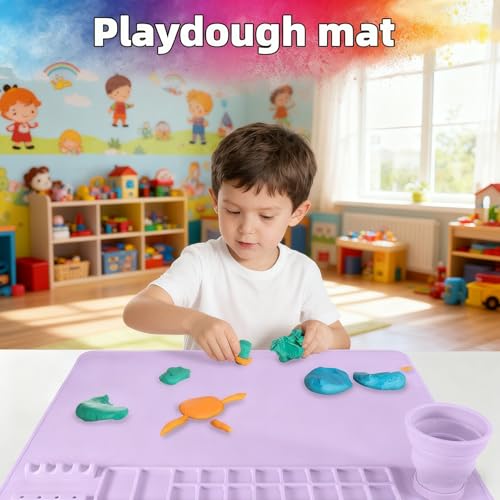 Silicone Painting Mat, 20"X16" Craft Mat,Large Art Mat Clay Mats | Paintbrush Holder, Nonslip Color Dividers Silicone Mats with Built in Cup for Painting, Table, Resin and DIY Purple - color: Purple