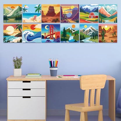 Anseal 12 Packs Pre Drawn Canvas to Paint, 4" X 4" Landscape Pre-Printed Canvas Paint Party for Adult, Stretched Outline Painting Boards for Beginners, Party Favor - style: Landscape