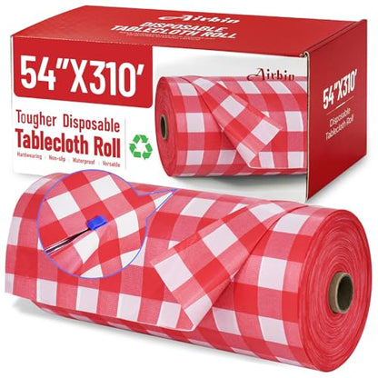 Plastic Table Cloth, 310 Ft X 54 In Plastic Table Cover Gingham Tablecloth | Red and White Checkered Tablecloth Roll with Cutter PEVA Plastic Table Cloth Disposable for Backyard BBQ, Gathering, Buffet - color: Red Checkered, size: 3720" x 54" (Rectangular