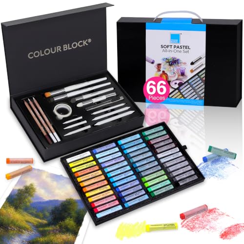 COLOUR BLOCK Soft Pastels All-in-One Art Set 66 PCS, 48 Nature Spectrum Colors Square Chalk Pastels, Blending Tools, Pencils, Brushes, Palette Knife, Pad for Beginners and Professional Artists