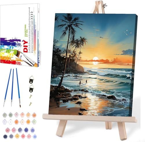 MIRCVSH Beach Paint by Number Kit, Framed Landscape for Adults, 12x16 Inch on Canvas with Wooden Easel - color: DKH166