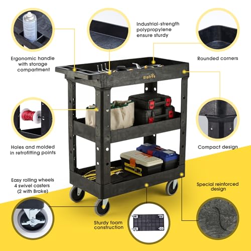 ELAFROS 3-Shelf Heavy Duty Plastic Rolling Utility Cart, 34 x 17 x 38.5 in