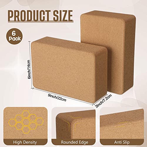 Junkin 6 Pack Cork Yoga Blocks for Supportive Stretching, 9 x 6 x 3 Inches