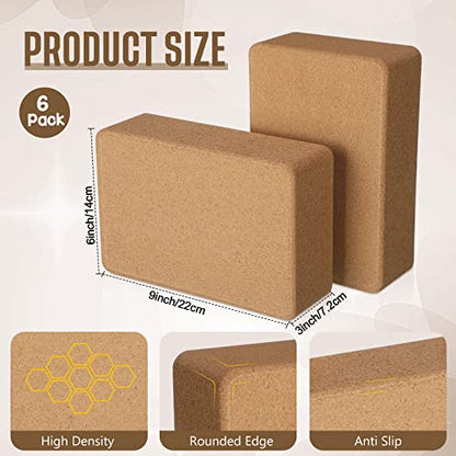 Junkin 6 Pack Cork Yoga Blocks for Supportive Stretching, 9 x 6 x 3 Inches