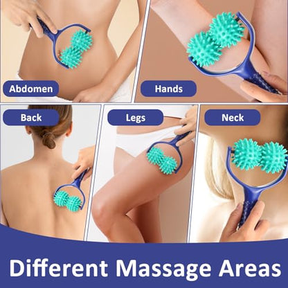 Handheld Spiky Massage Balls Rollers, 2 Wheel Spiky Massage Ball Rollers Silicone Manual Massage Roller with Handle Pressure Point Muscle Massage Tool for Foot Arm Body Neck Leg Pain Pressure Relief - color: Blue Green