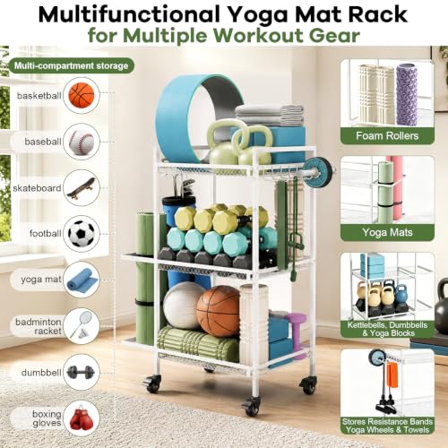 Yoga Mat Storage Rack Space-Saving Home Gym Organizer Sturdy Workout Equipment Holder for Yoga Mat Foam Roller and Fitness Accessories
