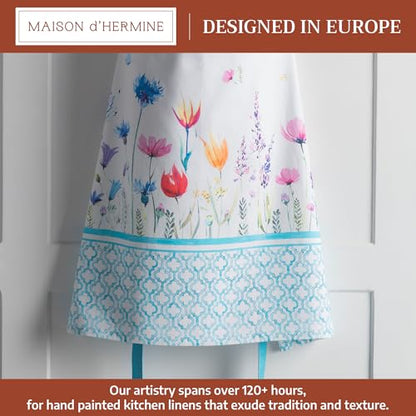 Maison d' Hermine Aprons for women with Pocket 100% Cotton (27.50"x31.50") | Adjustable Neck Strap & long ties Apron Men Chef Wedding Cooking Gardening Server Maid - color: 068 - Flower in the Field