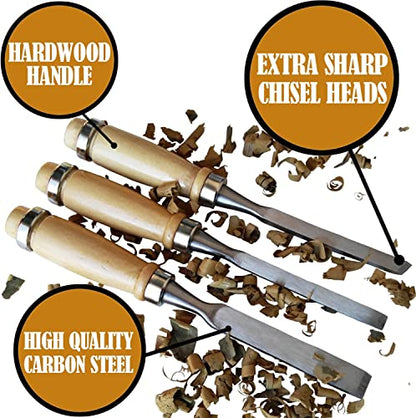 12 Pcs Wood Carving Chisel Set, SK5 Carbon Steel | Sharp Wood Carving Tools with Leather Roll Bag, Woodworking Gouge Kit for Beginners & Professionals