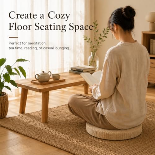 Round Tatami Floor Pillow, Handwoven Straw Cushion, Dia: 15.7" | Natural, Eco-friendly, Lightweight, Anti-Slip, Breathable, for Apartment Living Room Meditation Patio Outdoor Window Seat - size: 15.7''