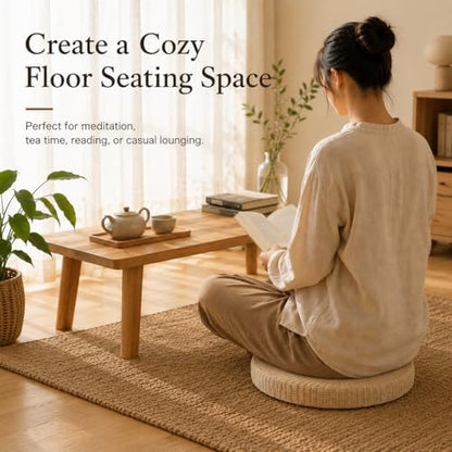Round Tatami Floor Pillow, Handwoven Straw Cushion, Dia: 15.7" | Natural, Eco-friendly, Lightweight, Anti-Slip, Breathable, for Apartment Living Room Meditation Patio Outdoor Window Seat - size: 15.7''