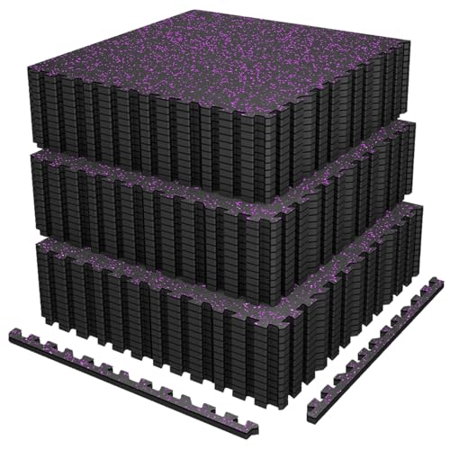 AIRHOP 0.56in Thick 144 Sq Ft Exercise Equipment Mats, 36 Tiles Upgraded Rubber Top with High Density EVA Foam, Large Interlocking Puzzle Gym Flooring for Home Gym, Heavy Weight Workout, 24 x 24in - color: Black/Purple, size: 144 Sq Ft (36 Tiles)