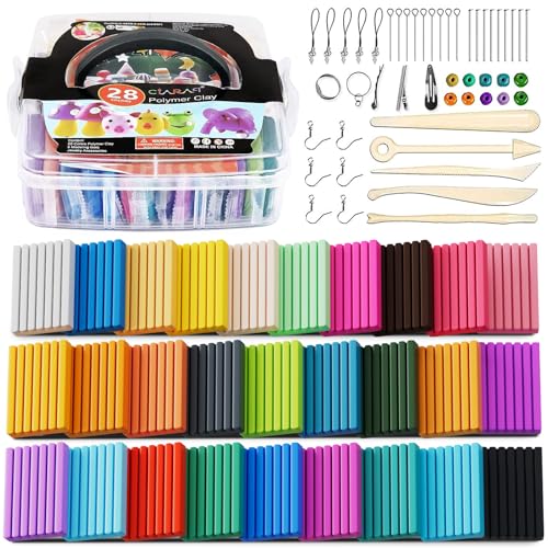 CiaraQ 28-Color Polymer Clay Oven Bake Modeling Kit | 5 sculpting tools, storage box, acc. pack, guide. Great for school, home, gifts, kids & artists. - color: 28 Colors, size: 20g / pcs