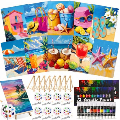 Ctosree 72 Pcs Hawaii Paint and Sip Kit for Adults 8'' x 10'' Pre Drawn Canvas for Painting DIY Pre Printed Canvas for Party Favor Acrylic Painting Kit Wood Easel Brushes Date Night Bulk - style: Hawaii