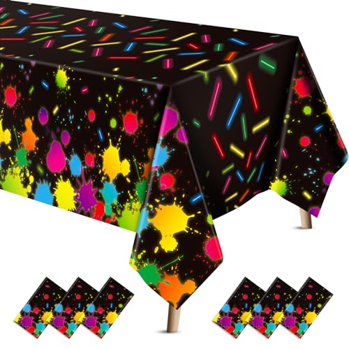 VitalCozy 6 Pcs 80s Neon Glow in The Dark Tablecloths for Party Supplies | Disposable Neon Table Cloths, 54 x 108 Inch, Plastic, Glow Party Table Covers, Halloween, Birthday, Black Light Party