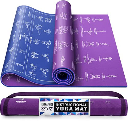 Instructional Yoga Mat with Carrying Strap: Cute Yoga Mat with 75 Illustrated Yoga Poses + 75 Easily-Followed Stretching Exercises - 1/4” Thick, Non-Toxic, Non-Slip Yoga Mats for Women and Men - color: Blue/Purple (72" x 32")