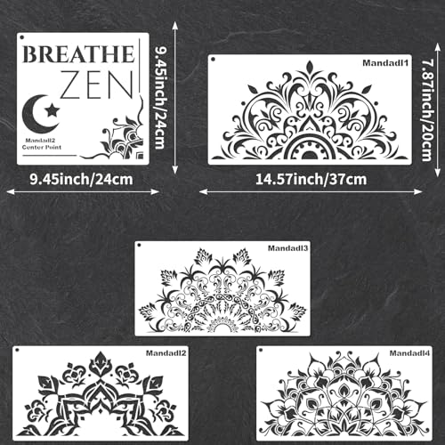 YKW 5 Pack Mandala Stencils for Painting, Large Half Mandala & Breathe Zen Templates - Reusable PET Stencils for Wall, Wood, Fabric & Rock - DIY Craft Stencil for Home Decor Art - style: Mandadl-5