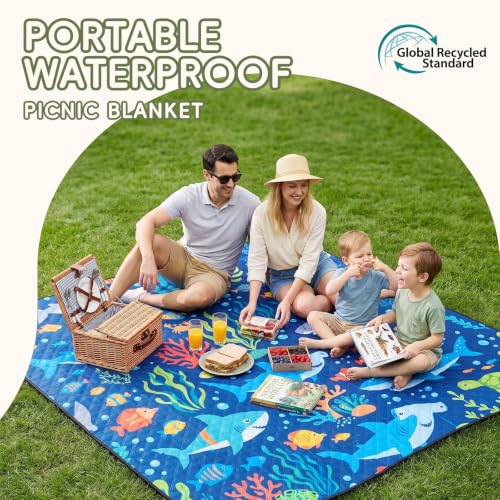 Genovega Waterproof Beach Blanket Picnic Outdoor Play Floor Mat Playmat Teen Boy Gift Trendy Stuff Teenage Age 4 5 6 7 8 9 10 11 12 13 14 15 Year Old Little Kids Young Men Son Godson Birthday - color: Ocean Shark