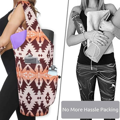 Yoga Mat Bag - Large Opening Long Tote Yoga Mat Carrier Holder Bag with Waterproof Wet Zipper Pocket and Drawstring Water Bottle Pocket - Yoga Bag Fit Most Size Mats - color: Boho Camel