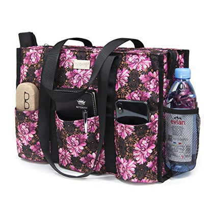 TOPDesign Utility Water Resistant Tote Bag with 13 Pockets, Zipper Closure - color: Baroque Carnation, size: Large