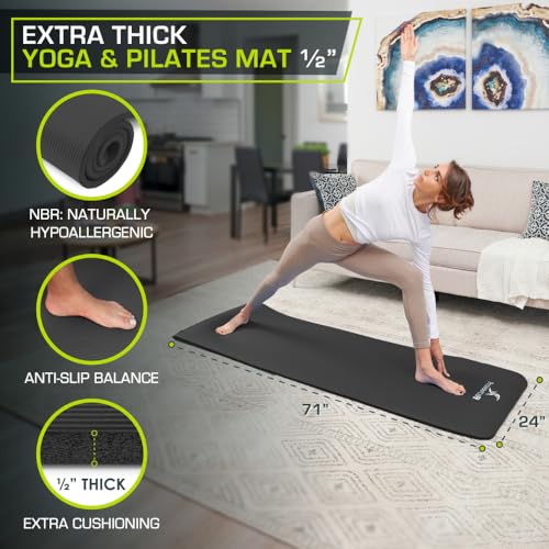 ProsourceFit Extra Thick Yoga and Pilates Mat 1/2” (13mm) or 1" (25mm), 71-inch Long High Density Exercise Mat with Comfort Foam and Carrying Strap - color: Black, size: 1/2"