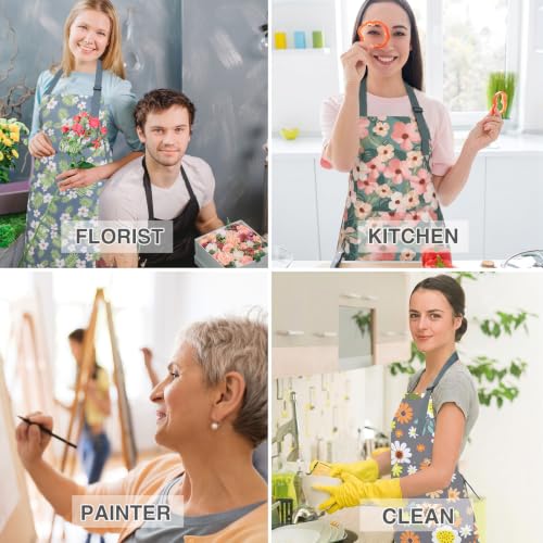 BOUMUSOE 3 Pack Floral Aprons with Pocket, Blooming Womens Aprons | Waterproof Adjustable Cooking Aprons for Kitchen Gardening and Salon - color: Orange, Green, Pink