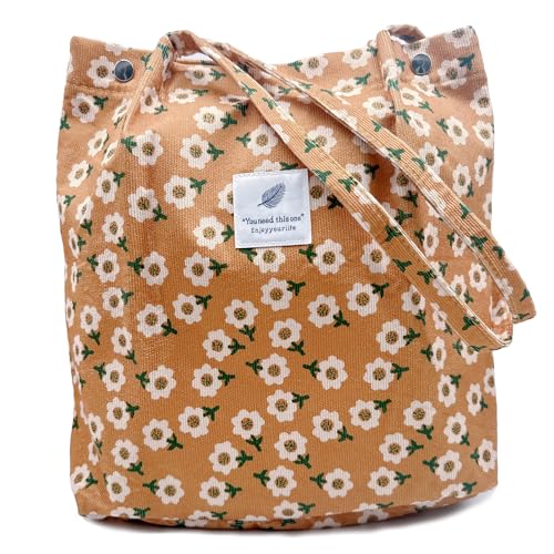 Aphoraeny Corduroy Tote Bag for Women Cute Totes Shoulder Bag with Inner Pocket for Work Beach Shopping Travel Grocery - color: Khaki Flowers