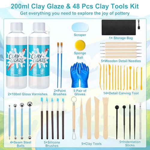 Lezmarket 200ml Air Dry Clay Glaze and 48 Pcs Clay Tools Kit, (Gloss) | Provide Gloss Finish, Protects Clay from Surface Wear, Used for Sculpting, Molding Clay Crafts