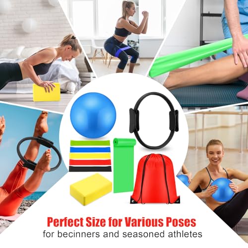 Silipull 10 Pcs Pilates Ring Blocks Set for Women Home Yoga Equipment Accessories Pilates Ring Circle and Ball Workouts Gift Include Ball Yoga Circle Resistance Bands Block Straps Gym Bag - color: Red