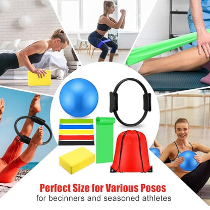 Silipull 10 Pcs Pilates Ring Blocks Set for Women Home Yoga Equipment Accessories Pilates Ring Circle and Ball Workouts Gift Include Ball Yoga Circle Resistance Bands Block Straps Gym Bag - color: Red