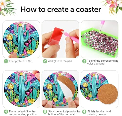 Mrnsiet 8PCS Diamond Art Coasters with Holder, DIY Cactus Diamond Painting Coasters Kits for Adults, Non Slip Cactus Mosaic Dot Painting Coaster Gift Set for Beginners 4x4 Inch - color: BDWY354-US