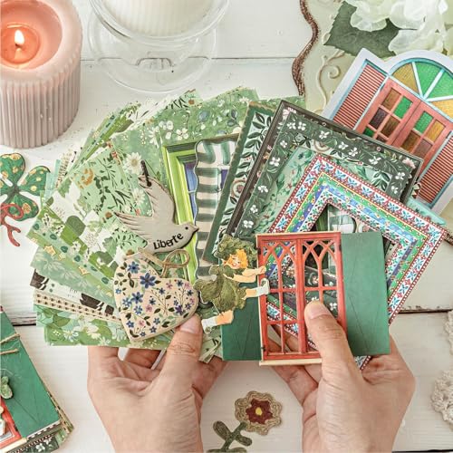Diuhofart Scrapbooking Supplies Kit, 45 Pieces Green Aesthetic Junk Journal Kit with Scrapbook Paper, Embossed Collage Cards and Stickers for Journaling Supplies, DIY Art Craft, Collage - color: 45 Green Scrapbooking Supplies Kit