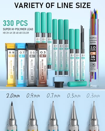 Nicpro Blocky Gear Metal Mechanical Pencil Set in Leather Case | 29PCS Art Drafting Pencils (0.3/0.5/0.7/0.9/2mm) with 330PCS Lead (HB 2H 4H 2B 4B 6B Color) For Writing Sketching Drawing - style: 5 PACK with Leather Bag