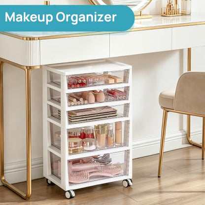 Vtopmart 5-Tier Plastic Drawer Storage Rolling Cart with Wheels | Clear Drawers with Multiple Sizes Keep Supplies visible. Sturdy for Under Desk, Office, Makeup , Crafts & Art Storage - style: 5 Tier 5 Drawers