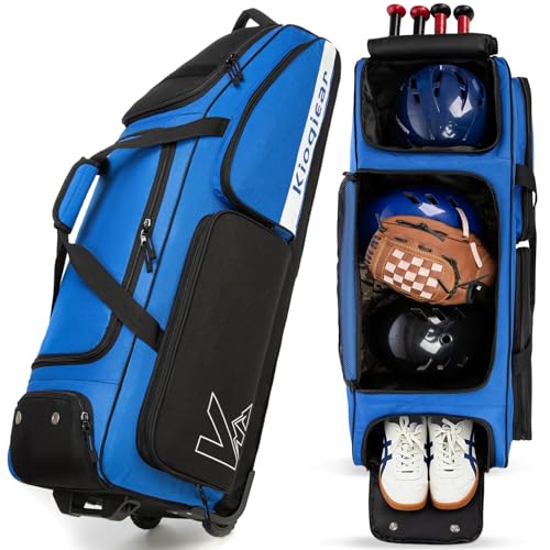 Catchers Gear Bag with Wheels for 4 Bats, 80L Rolling Baseball Bag - color: Blue