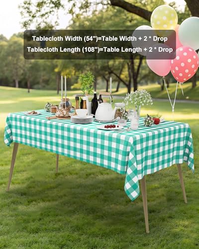 Smiry 12 Packs Gingham Disposable Table Cloth, 54 x 108 Inch Waterproof Plastic Tablecloth, Rectangle Teal and White Checkered Table Covers for Picnic, Birthday, Party - color: Teal and White, size: 54"x108" (Pack of 12)