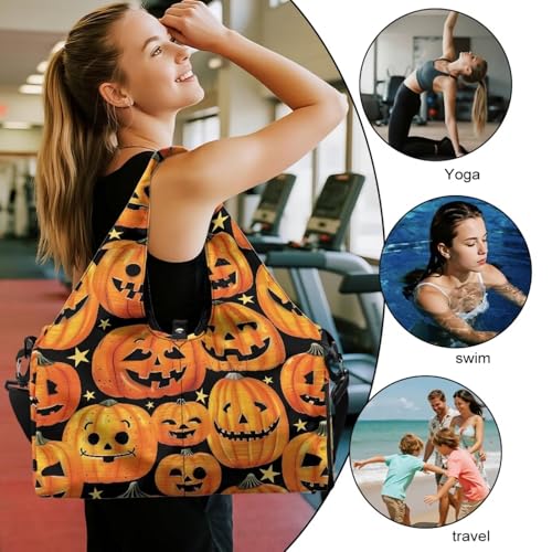Gym Bag with Yoga Mat Holder Large Tote Bag With Multi Pockets for Women Men Dry Wet Separated Pocket Carryall Yoga Tote Bag for Pilates Travel Workout Office - color: Halloween Pumpkin