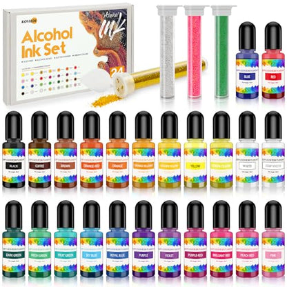 28pcs Alcohol Ink Set, 24 Vibrant Colors Concentrated Alcohol Inks for Resin Art, Epoxy Resin, Tumbler Making, Petri Dish Making, 10ml/0.35oz, with 4 Resin Glitters