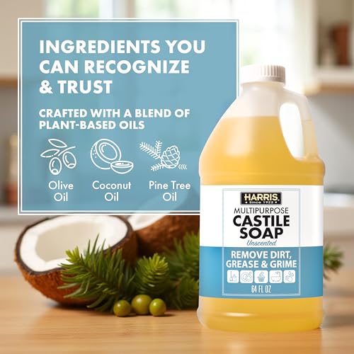 HARRIS Multi-Purpose Pure Liquid Castile Soap with Micro Fiber Towel for Home Cleaning, For Dish Soap, Laundry Detergent, Kitchen and Bathroom Surfaces, Kids Rooms, Unscented, 64 Oz