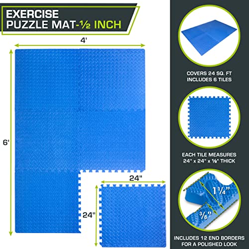 ProsourceFit Exercise Puzzle Mat ½-inch, EVA Interlocking Foam Floor Tiles for Home Gym, Workout Equipment, Kids Play Areas, Blue, 24 SQ FT - 6 Tiles - color: Blue, size: 6 Pack (24 SQ FT)