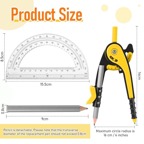 EBOOT Student Geometry Math Set, Drawing Compass and 6 Inch Clear Swing Arm Protractors 180 Degree Math Protractor (Yellow) - color: Yellow