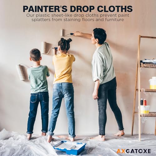 Axgatoxe 12 x 9 Ft Plastic Drop Cloths for Painting (6-Pack) | Plastic Painter's Sheeting & Tarps for Painting Supplies, Waterproof & Dust-proof Furniture/Couch/Floor Protection Cover - size: 6-Pack