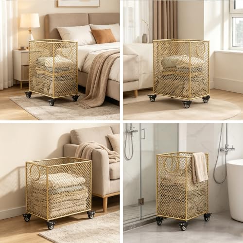 Gold Metal Basket with Wheels, Rolling Laundry Hamper Cart, Mesh Wire Laundry Basket, Yoga Mat Storage Rack,Large Capacity Dirty Clothes Organizer for Bedroom Living Room(17"W x 9"D x 20.5"H, Black) - color: Black