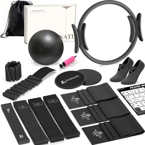 NANATI Pilates Kit, Home Pilates Workout Kit for Women, Pilates Equipment with 14.5"" Pilates Ring and Ball, Resistance Bands, Ankle Weights, Sliders & Grip Socks for Home Workouts - color: Black
