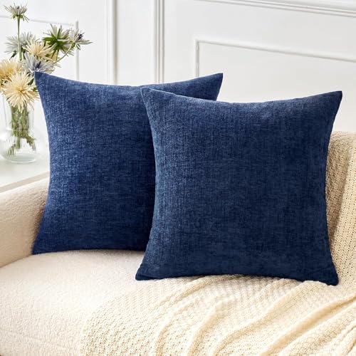 MIULEE Soft Chenille Throw Pillow Covers Navy Blue 16x16 Inch Pack of 2 | Modern Coastal Home Decor, Classic Decorative Pillows, Solid Dyed Cases, Boho Couch Cushion Covers for Sofa Bed Living Room - color: Navy Blue, size: 16" x 16" (Pack of 2)