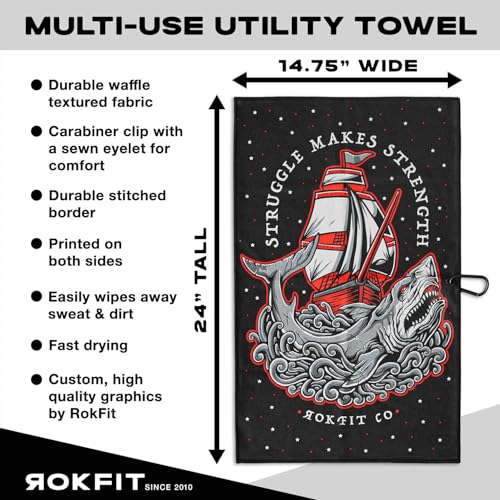 RokFit Gym & Golf Towel – Multi-Use, Quick-Dry, Durable Utility Towel with Bold Graphic and Carabiner Clip (Struggle Makes Strength) - color: Struggle Makes Strength
