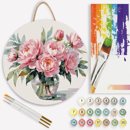 Peony Bloom Paint by Numbers Kit for Adults on Wood Board – DIY Pink Flowers in Glass Vase Wood Craft Painting Kit, 12 in Round, Acrylic Paint Set, Beginner-Friendly, Relaxing Home Decor Gift - color: FM03921
