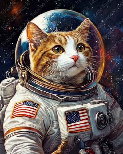 Tucocoo Cat DIY Paint by Numbers for Adults Cat Astronaut DIY Digital Oil Painting Acrylic Paint Planet Outer Space Painting Kits Canvas Wall Art Funny Room Decor 16x20 Inch （DIY Frame ） - color: Astronaut Animal 08, size: 16''x20''(DIY Frame)