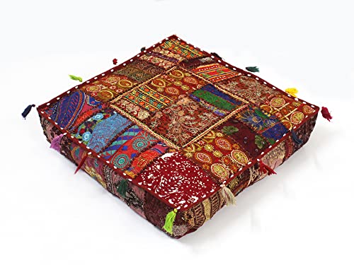Mam Treasures Indian Bohemian Decorative Pillow Vintage Cushion Cover Patchwork Square Floor Pillow Cover Meditation Cushion Large Floor Pillow Indian Cushion (Brown, 18 X 18 X 5 Inch) - color: Brown, size: 18" x 18" (Pack of 1)